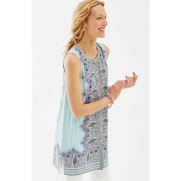 J. Jill Tunic Size XS Button Front Mini Dress Blue Paisley Longline Shirt Tank - Picture 1 of 8